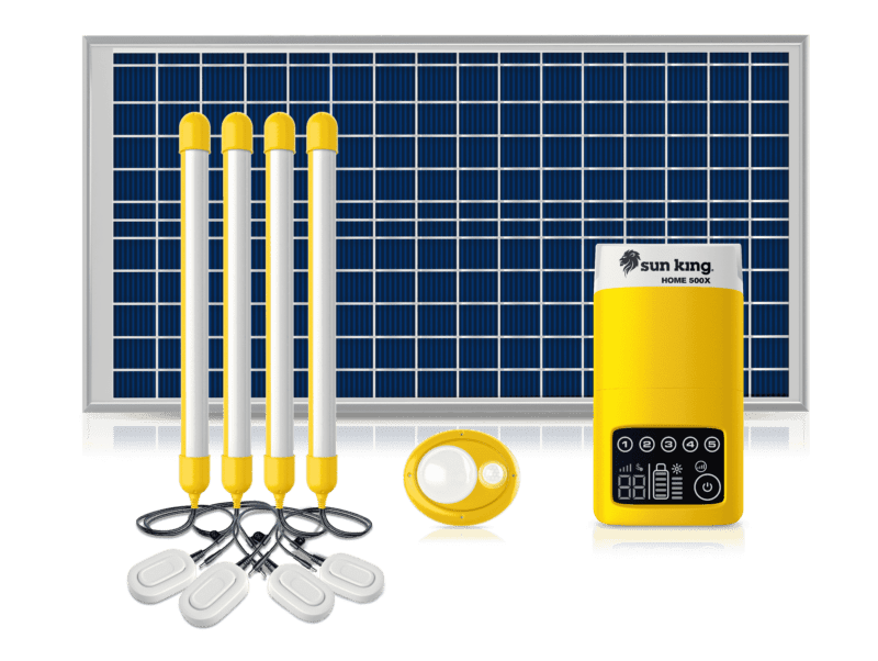 Image showing the Home 500X control unit, motion sensor light, ceiling strip lights, light switches, and solar panel.