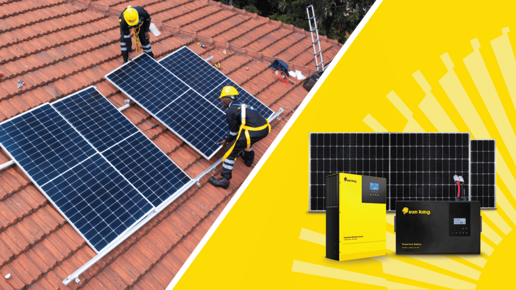 A split image comprised of two images. The image on the left shows two men in PPE installing solar panels on a tiled roof. The image on the left shows the PowerHub 3300 against a yellow background.