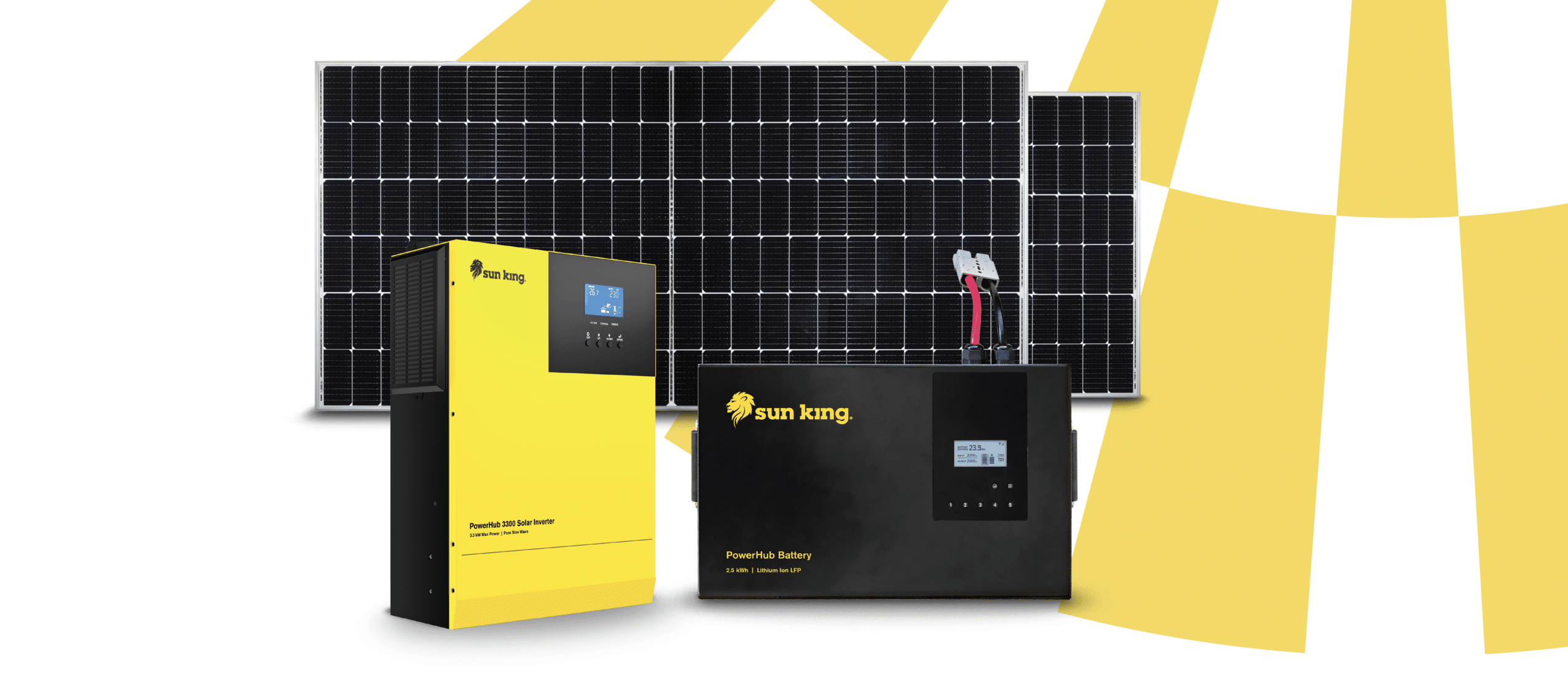 Graphic showing the yellow PowerHub 3300 solar inverter system sitting in front of a large solar panel. Behind this is a yellow radial graphic.