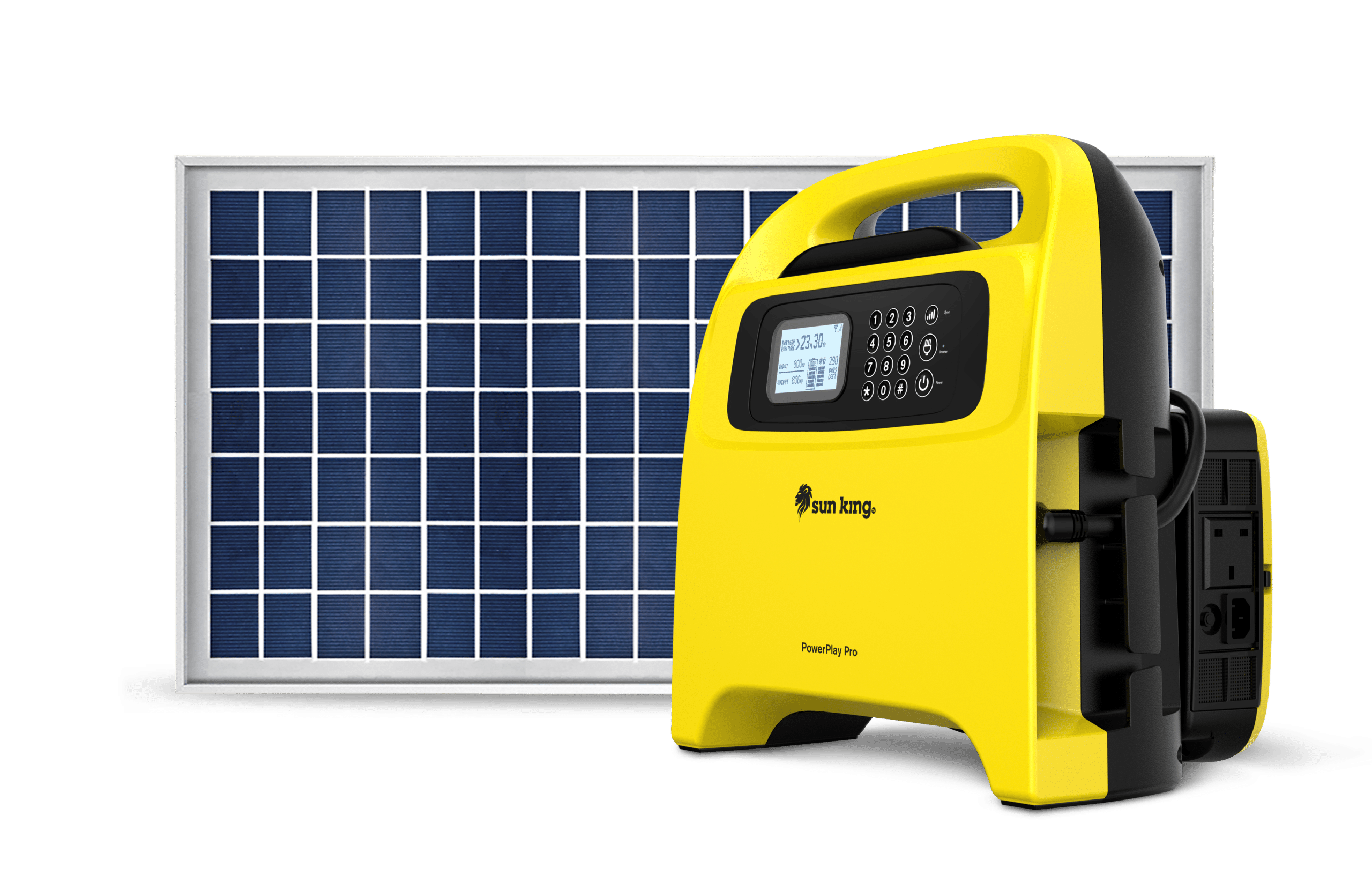 PowerPlay Pro portable and affordable solar inverter system standing in front of a solar panel.